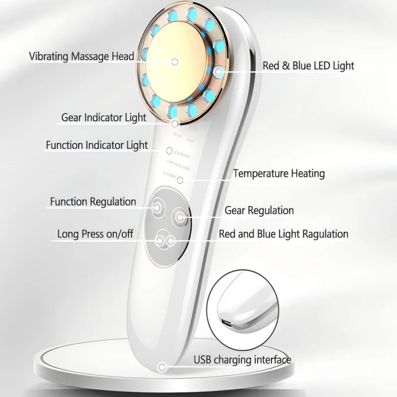 7 In 1 Face Lifting Device EMS Microcurrent Vibration Massage Red Blue Light Skin Rejuvenation Ion Cleaning Care Facial Massager