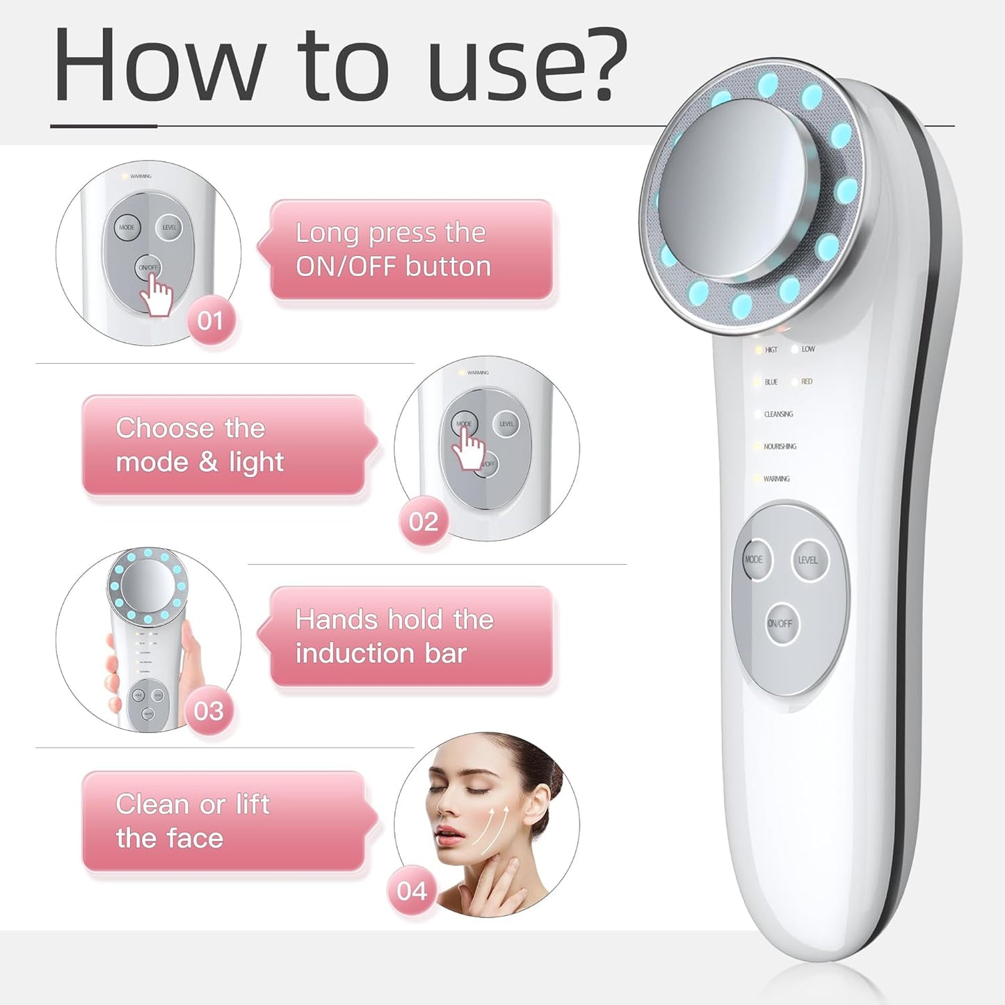 7 In 1 Face Lifting Device EMS Microcurrent Vibration Massage Red Blue Light Skin Rejuvenation Ion Cleaning Care Facial Massager